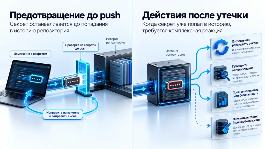 Сравнение предотвращения утечки до push и remediation после попадания секрета в Git history.