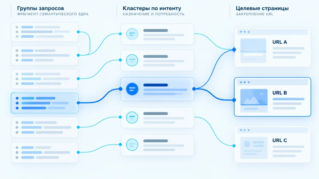 Семантическое ядро с одним кластером запросов, распределённым между двумя страницами