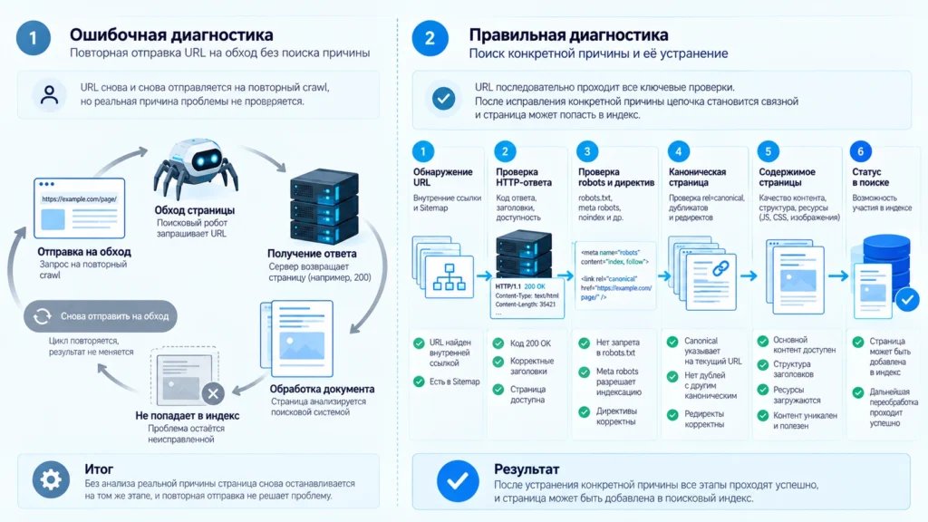 Сравнение повторной отправки URL на обход и последовательной диагностики причины отсутствия страницы в индексе