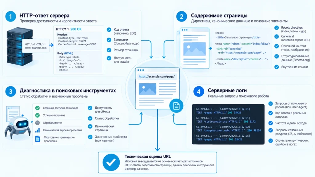 Проверка URL через HTTP-ответ, robots и canonical, поисковую диагностику и серверные логи