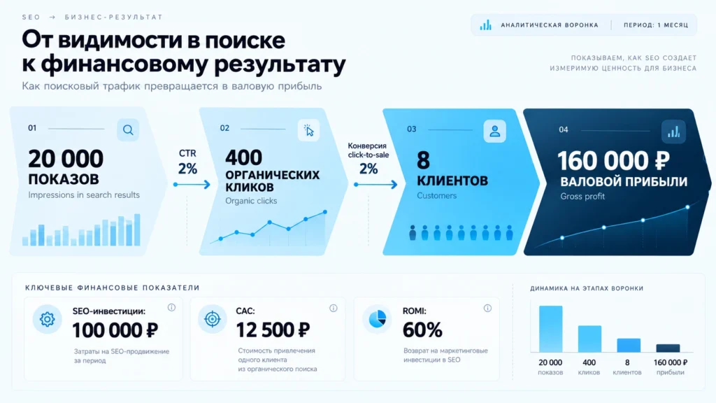 Расчёт окупаемости SEO от показов до валовой прибыли