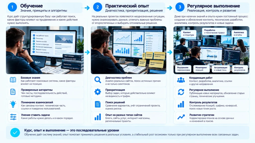 Разница между обучением SEO, практическим опытом и регулярным выполнением работ