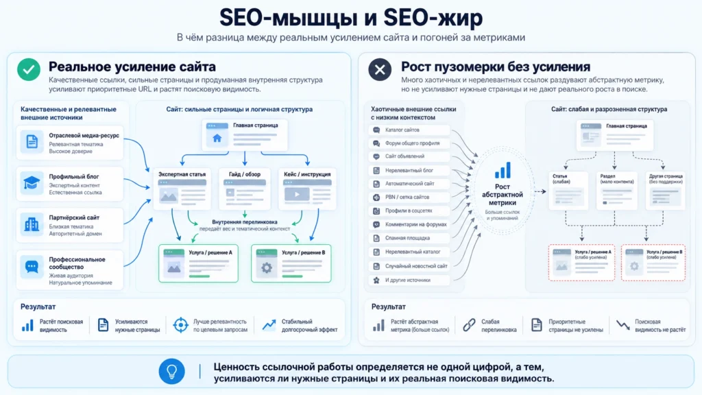 Разница между качественным усилением сайта и искусственным ростом ссылочной метрики