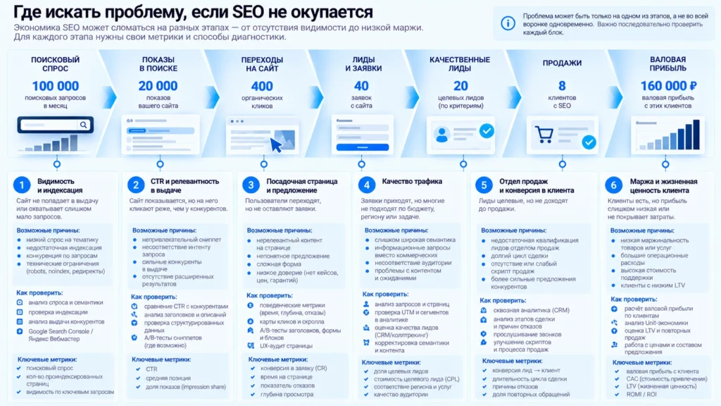 Диагностика окупаемости SEO по этапам воронки