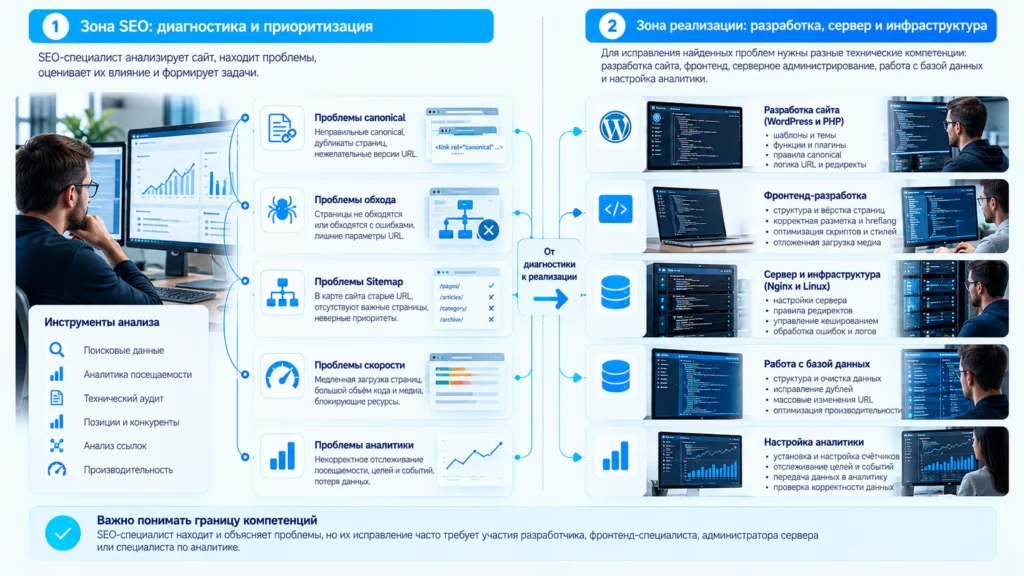 Граница между SEO-аудитом, разработкой сайта и серверным администрированием