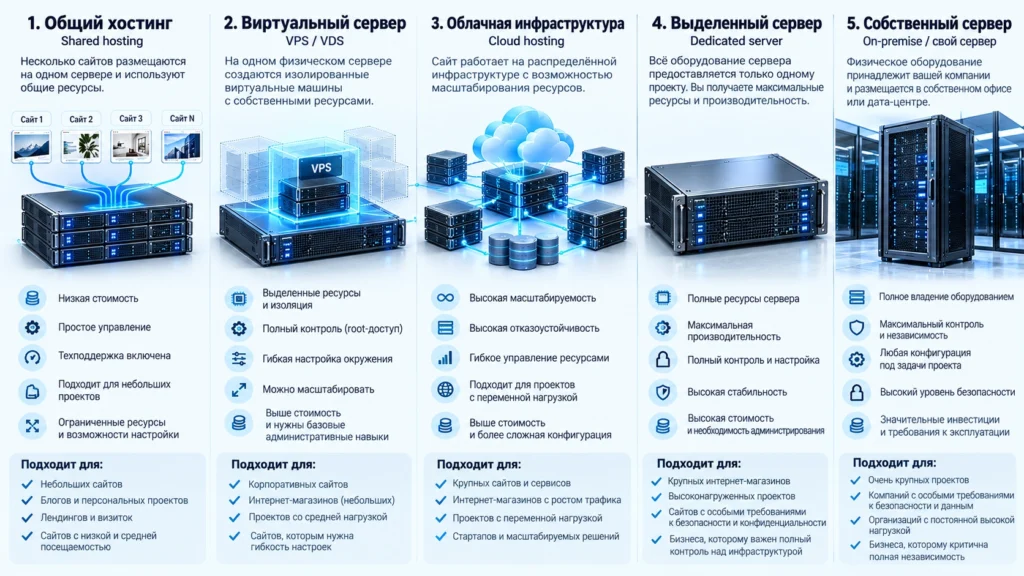 Отличия shared-хостинга, VPS, облака, dedicated и собственного сервера