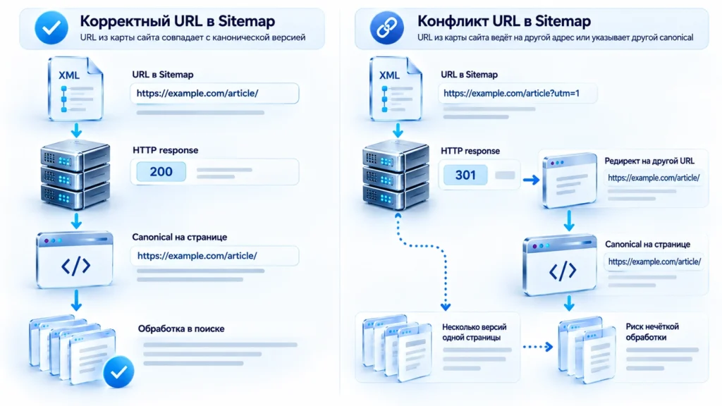 Корректный URL Sitemap и конфликт с canonical