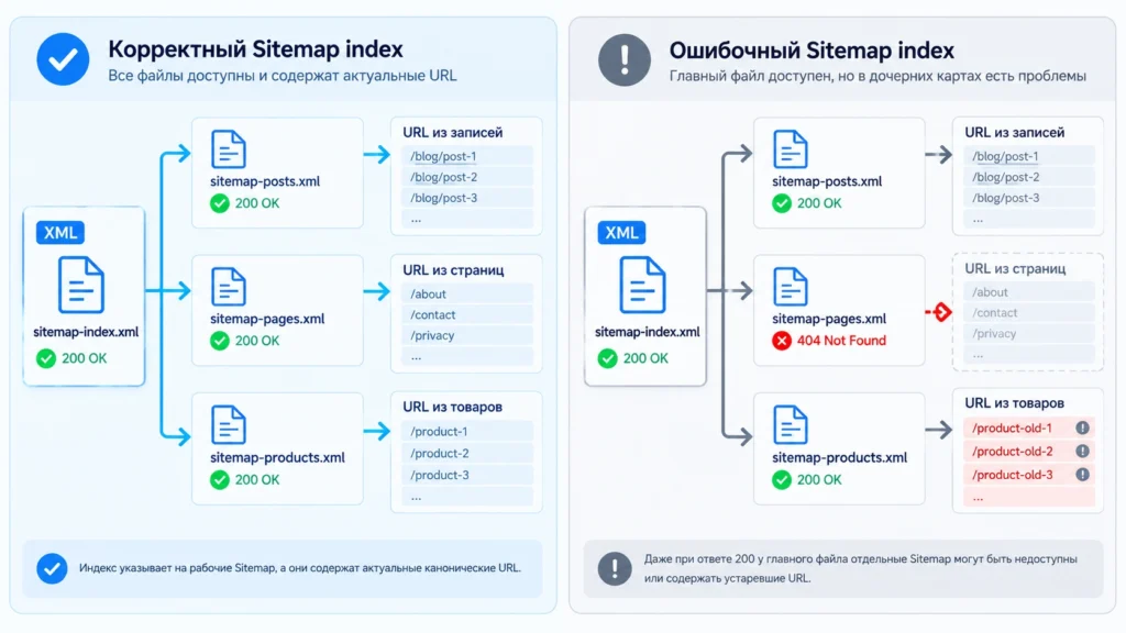 Сравнение корректного и ошибочного Sitemap index