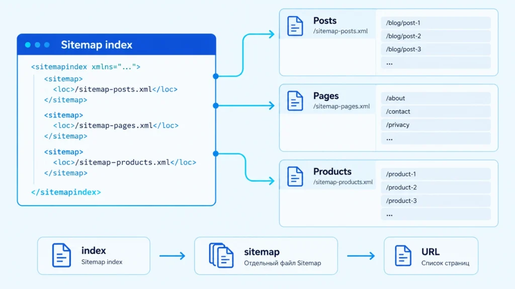 Схема Sitemap index с отдельными картами записей, страниц и товаров