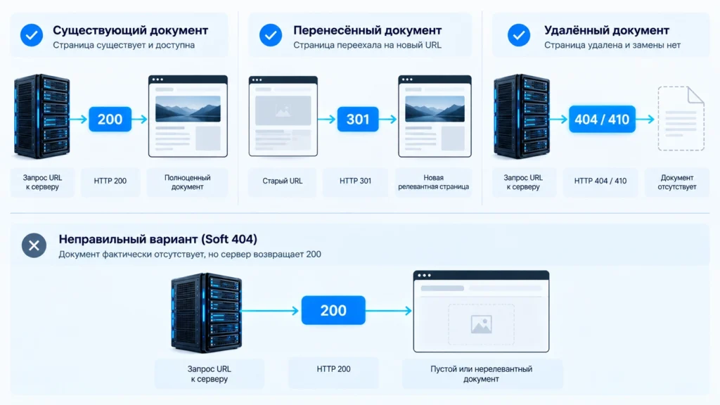 Сравнение правильных HTTP-ответов для существующей, перенесённой и удалённой страницы