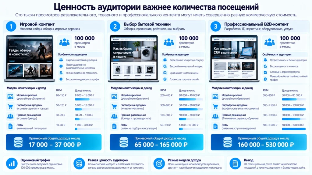 Почему одинаковое количество просмотров сайта приносит разный доход