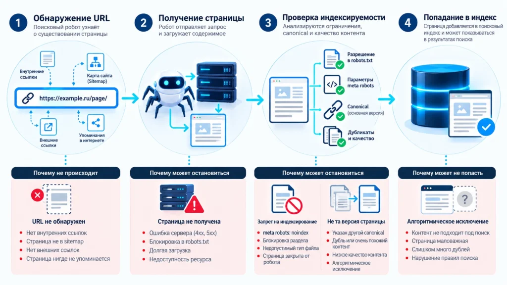Схема пути страницы от обнаружения URL до поискового индекса