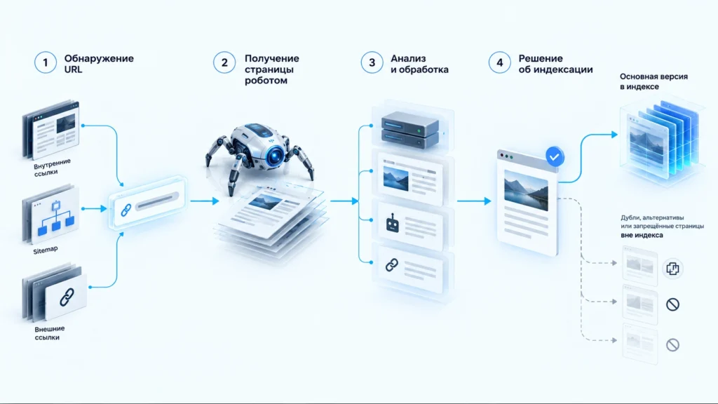 Этапы от обнаружения URL до включения страницы в поисковый индекс