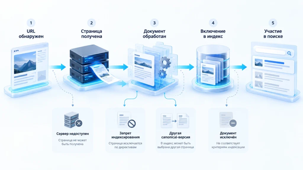 Этапы от обнаружения URL поисковым роботом до участия страницы в поисковой выдаче