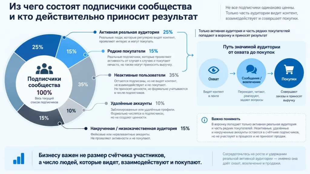 Разница между количеством подписчиков и живой аудиторией группы ВКонтакте