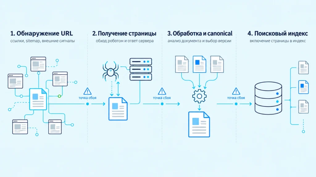 Схема от обнаружения URL и обхода до обработки страницы и поискового индекса