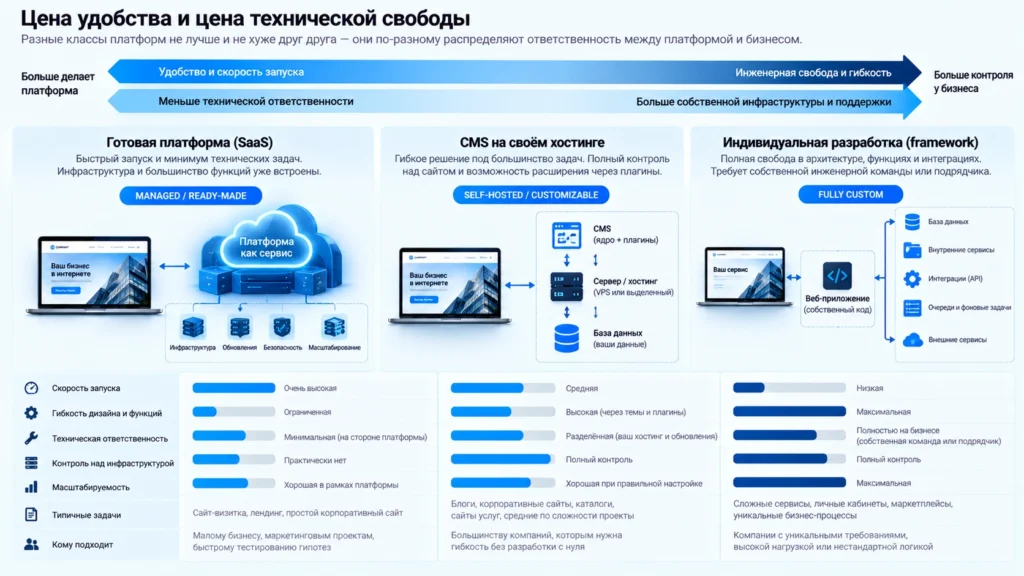 Сравнение готовых платформ и собственной разработки по свободе и ответственности