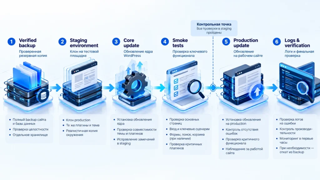Безопасная последовательность обновления WordPress через backup и staging