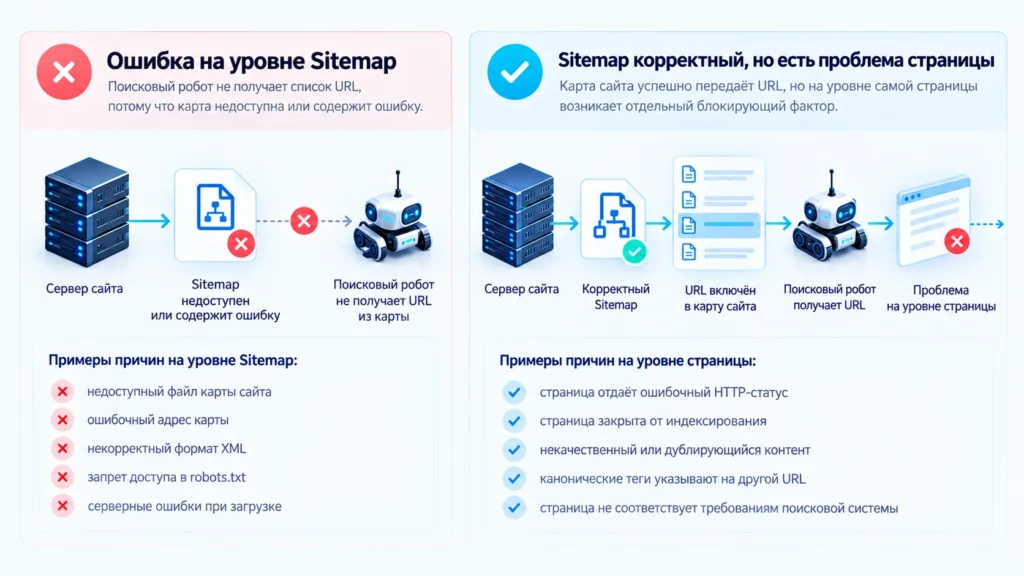 Разница между ошибкой Sitemap и проблемой индексирования отдельной страницы