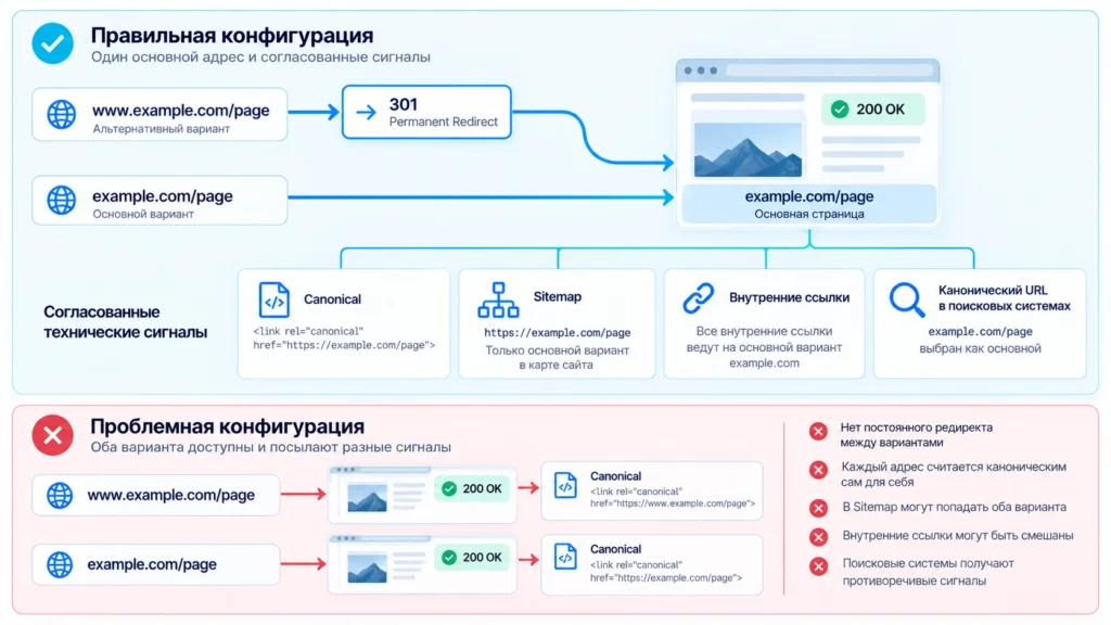 Проверка редиректа и canonical между WWW и адресом без WWW
