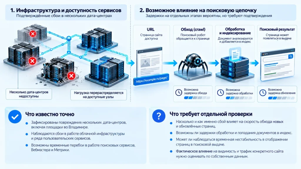Разделение подтверждённого инфраструктурного сбоя и возможных задержек обхода и индексирования
