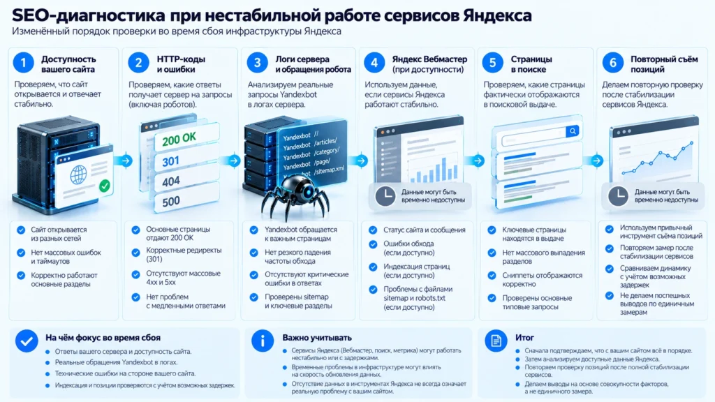 Проверка сайта, логов, Вебмастера, индексации и позиций во время сбоя Яндекса