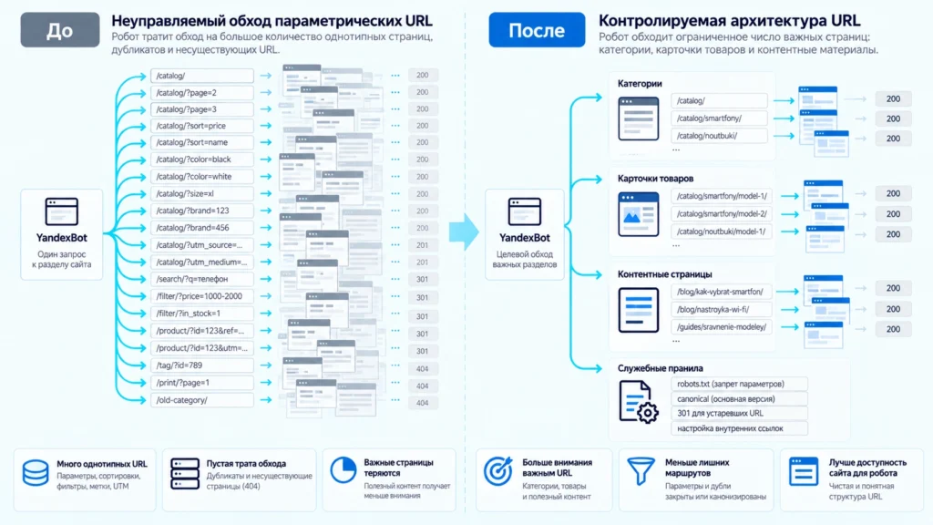 Сравнение обхода параметрических URL до и после технической оптимизации
