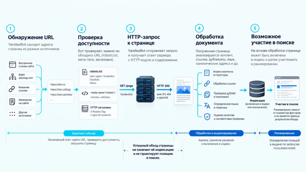 Схема пути URL от обнаружения YandexBot до возможного участия в поиске